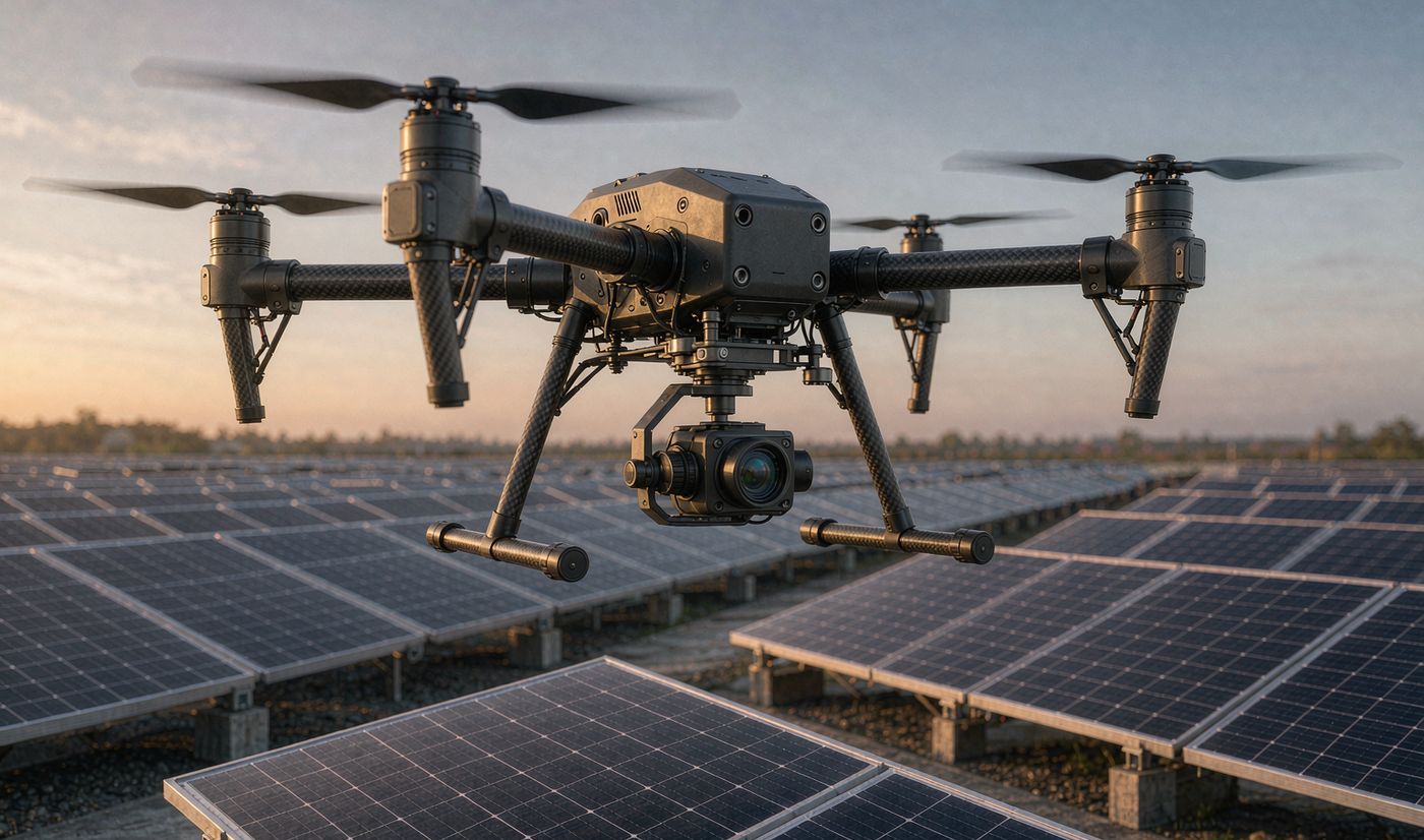 Industrial inspection drone flying over a solar farm